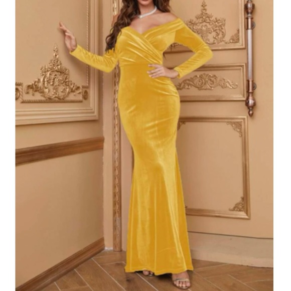 Luxe yellow off shoulder party bridesmaids wedding velvet maxi dress - Picture 2 of 16